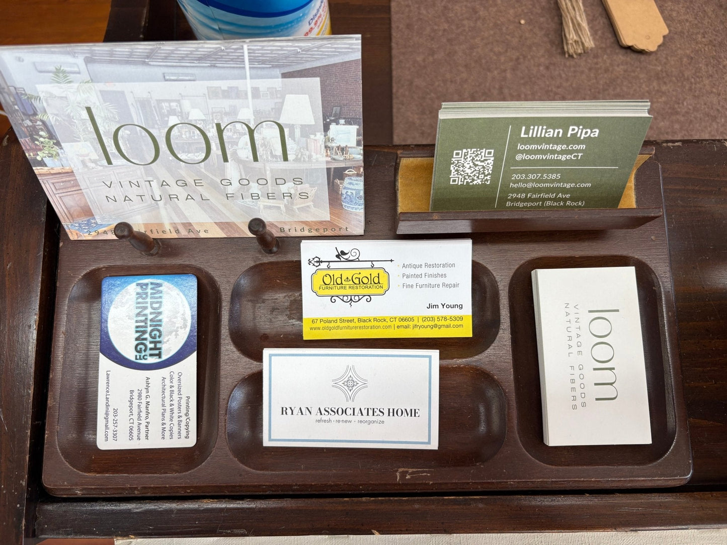 Mid - Century Walnut Desk Organizer Tray — 5 Wells, Pen Pegs, Card Slot, Envelope Rail, 13"W - Loom Vintage