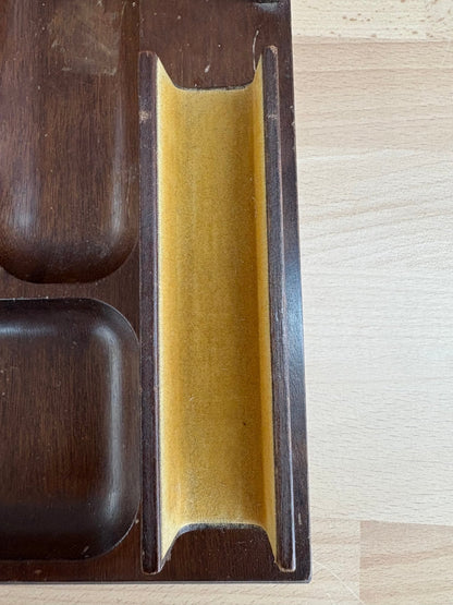Mid - Century Walnut Desk Organizer Tray — 5 Wells, Pen Pegs, Card Slot, Envelope Rail, 13"W - Loom Vintage