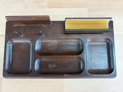 Mid - Century Walnut Desk Organizer Tray — 5 Wells, Pen Pegs, Card Slot, Envelope Rail, 13"W - Loom Vintage