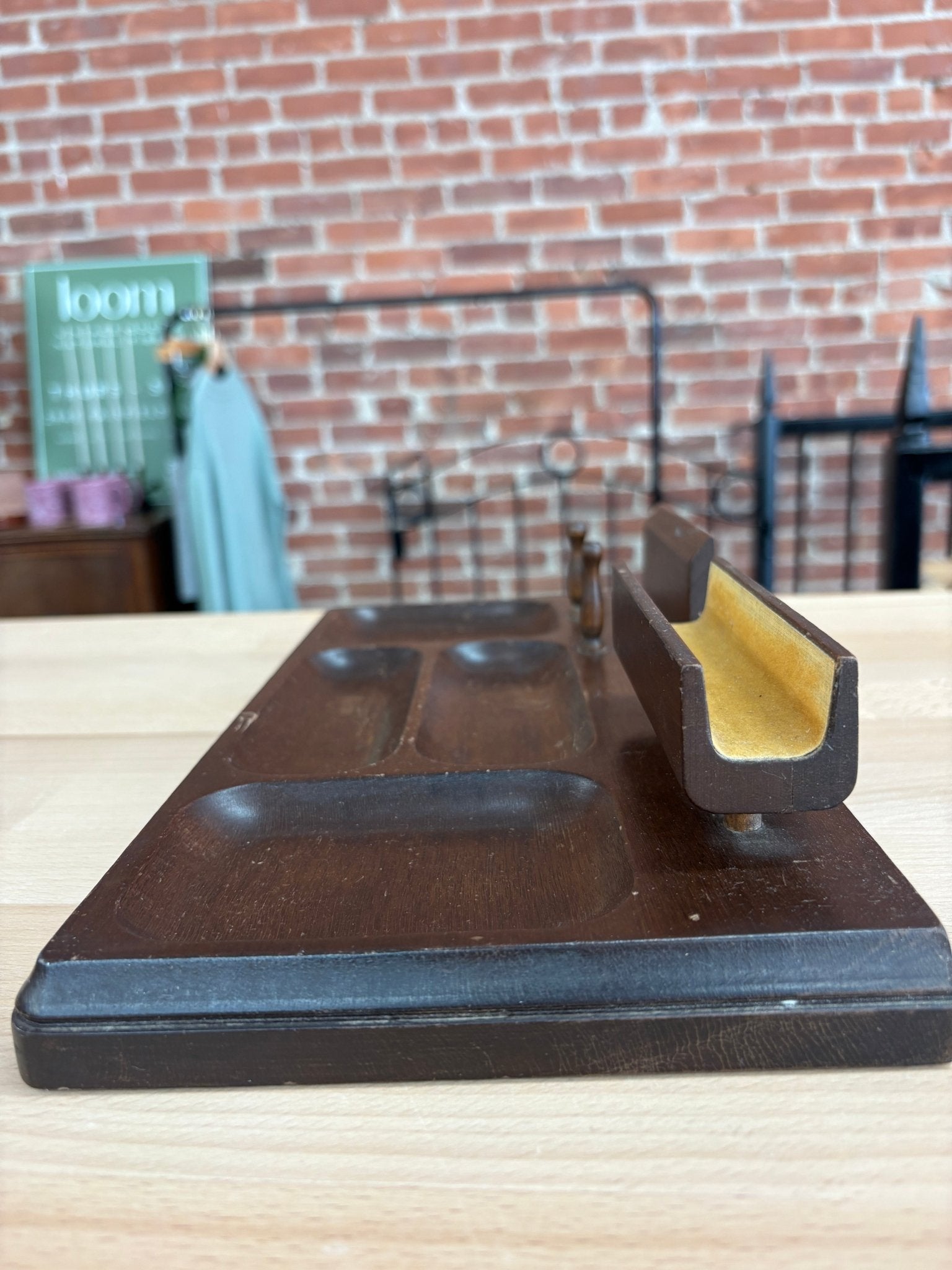 Mid - Century Walnut Desk Organizer Tray — 5 Wells, Pen Pegs, Card Slot, Envelope Rail, 13"W - Loom Vintage