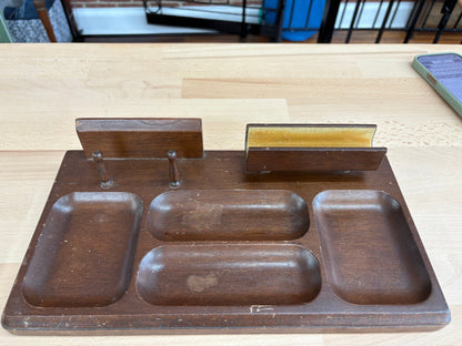Mid - Century Walnut Desk Organizer Tray — 5 Wells, Pen Pegs, Card Slot, Envelope Rail, 13"W - Loom Vintage