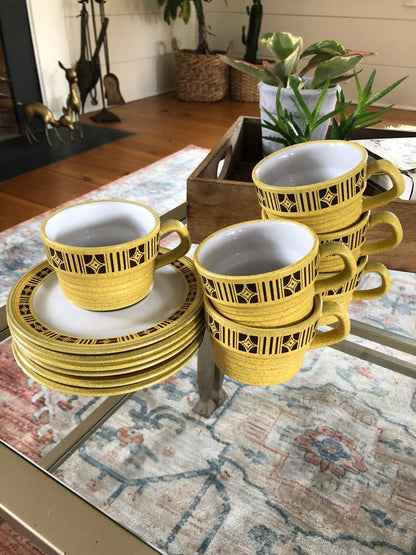 Mikasa Painted Sands "Comanche" Coffee Cups & Saucers, Set of 6 — 1970s Stoneware - Loom Vintage