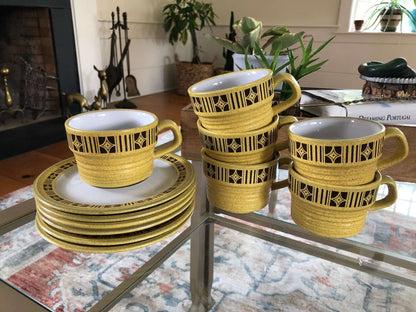 Mikasa Painted Sands "Comanche" Coffee Cups & Saucers, Set of 6 — 1970s Stoneware - Loom Vintage