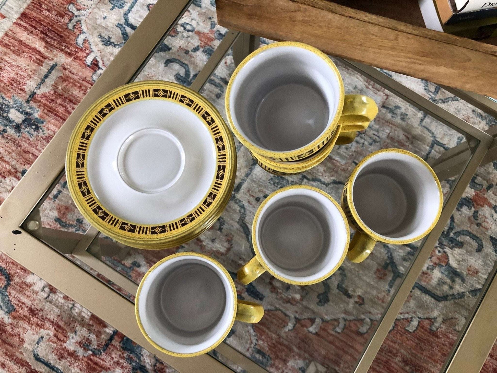 Mikasa Painted Sands "Comanche" Coffee Cups & Saucers, Set of 6 — 1970s Stoneware - Loom Vintage