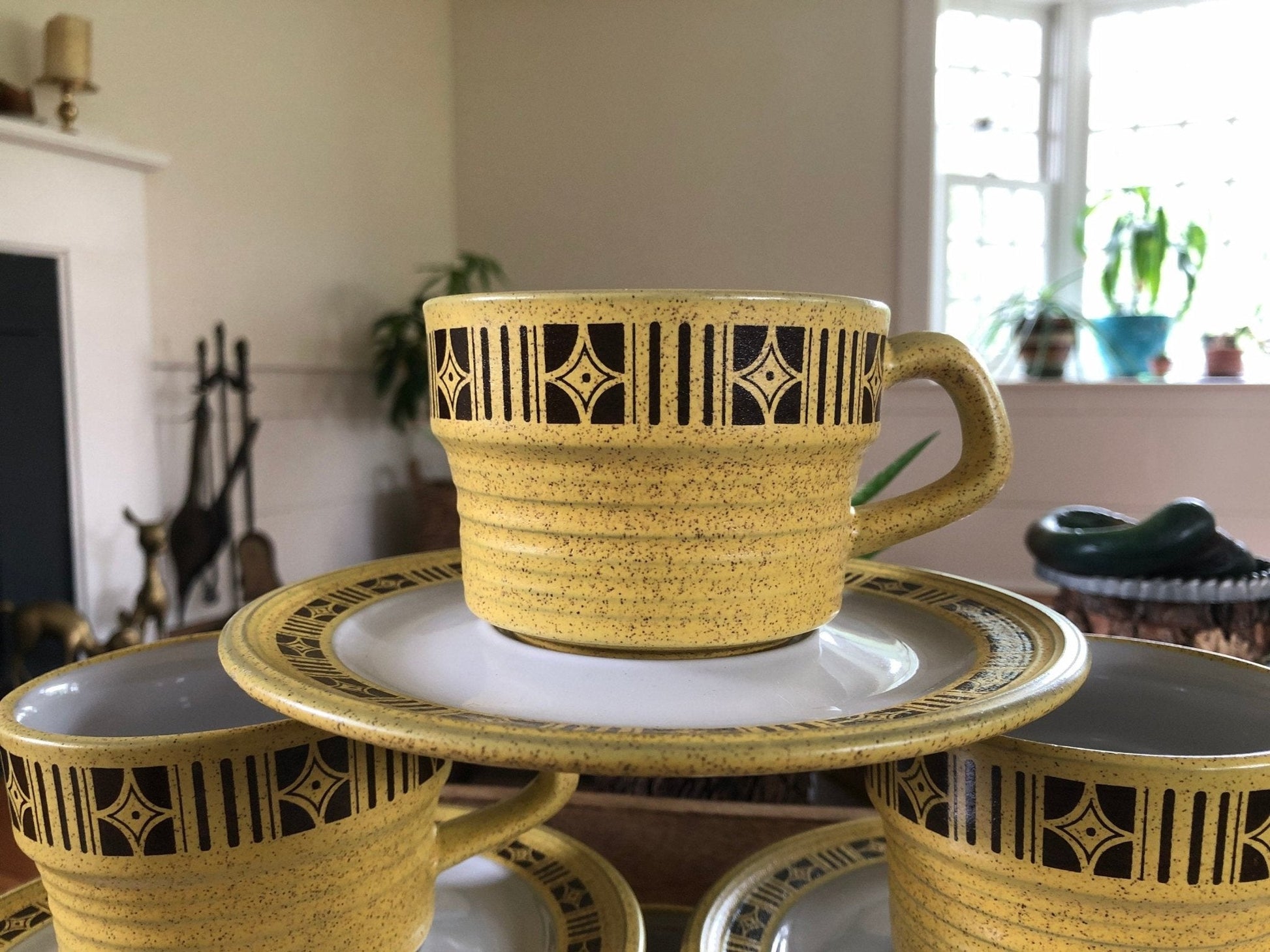 Mikasa Painted Sands "Comanche" Coffee Cups & Saucers, Set of 6 — 1970s Stoneware - Loom Vintage