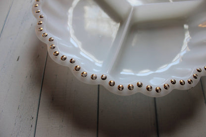 Milk Glass Divided Serving Dish — Three Compartments, Gold Dot Scalloped Edge, 10"W - Loom Vintage