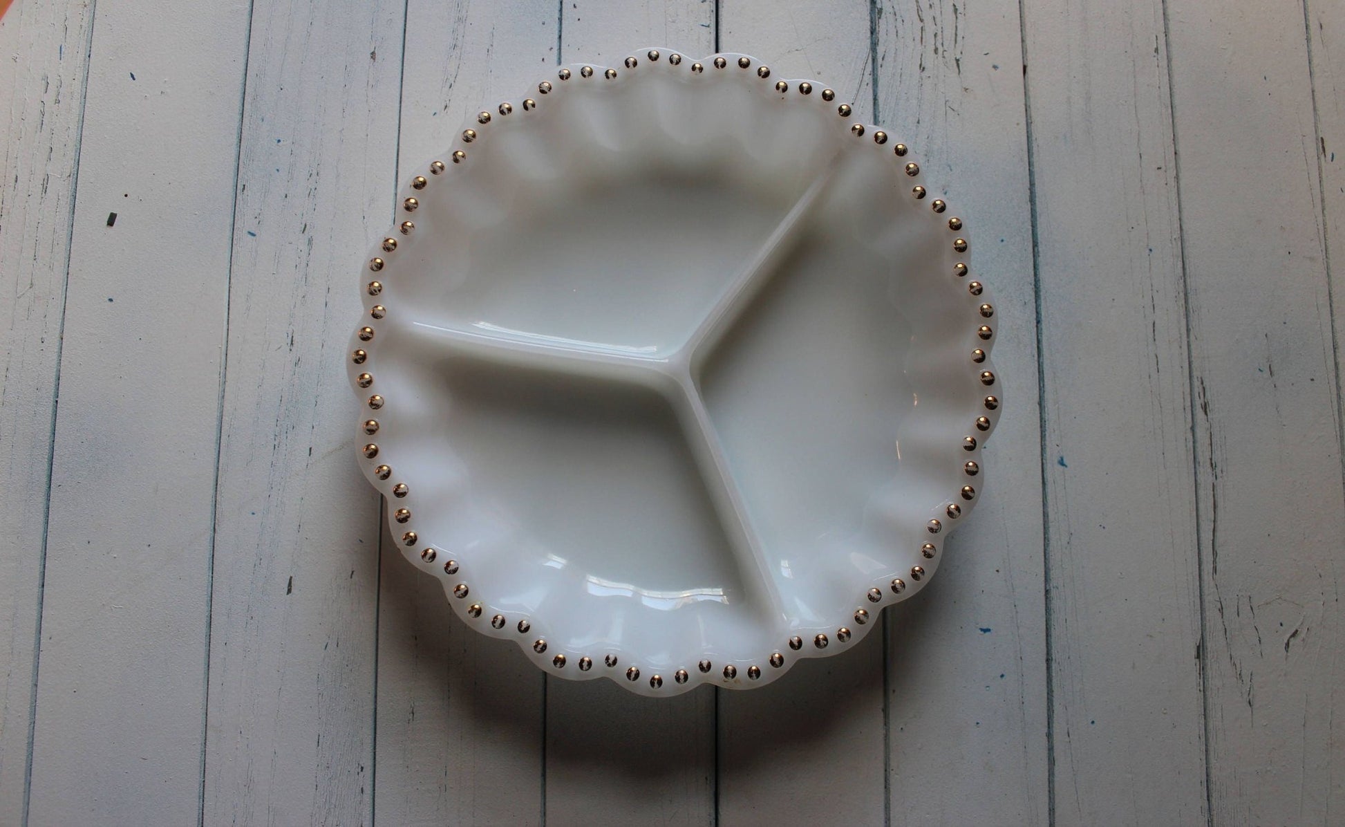 Milk Glass Divided Serving Dish — Three Compartments, Gold Dot Scalloped Edge, 10"W - Loom Vintage