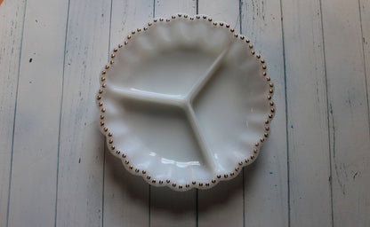Milk Glass Divided Serving Dish — Three Compartments, Gold Dot Scalloped Edge, 10"W - Loom Vintage
