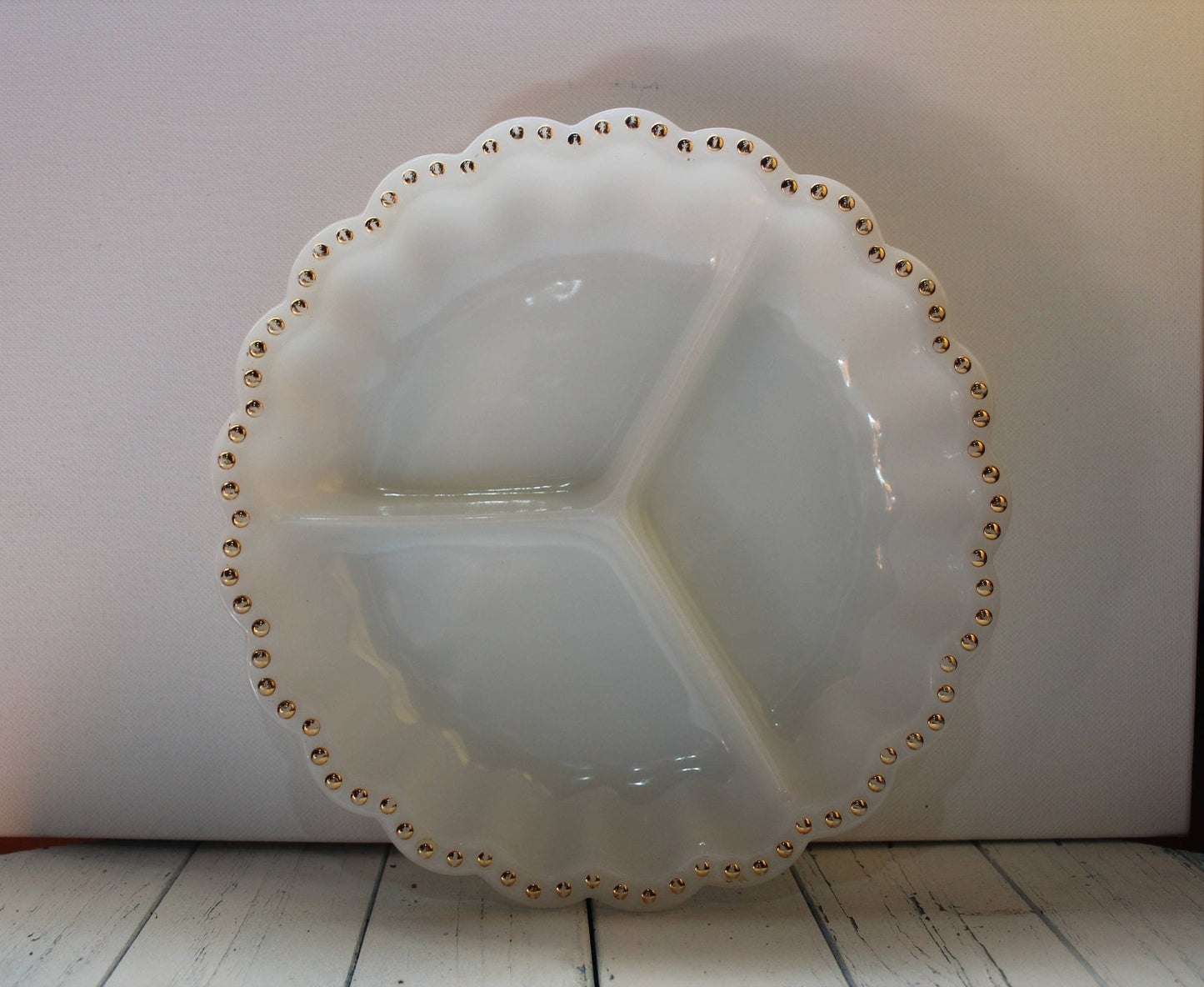Milk Glass Divided Serving Dish — Three Compartments, Gold Dot Scalloped Edge, 10"W - Loom Vintage
