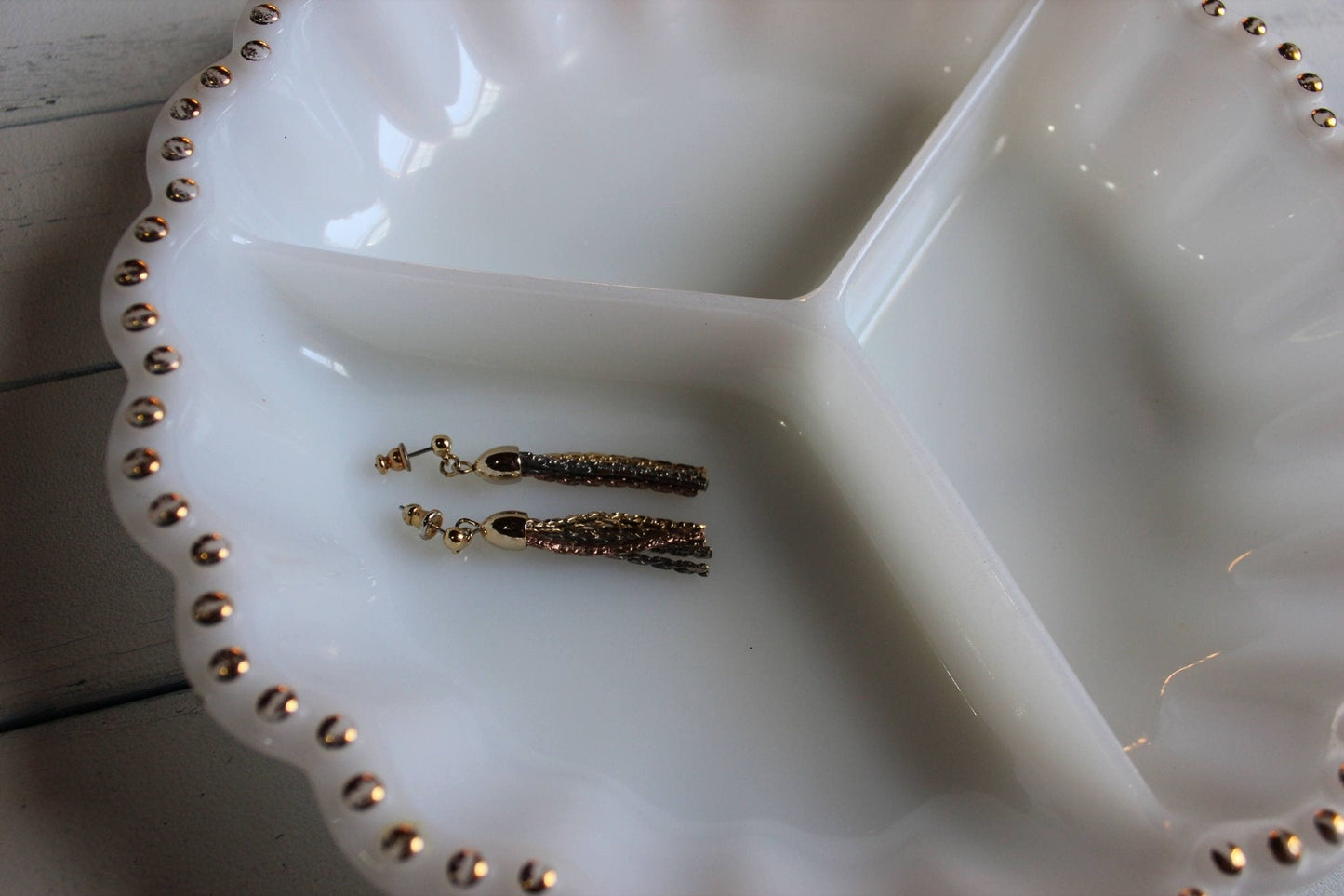 Milk Glass Divided Serving Dish — Three Compartments, Gold Dot Scalloped Edge, 10"W - Loom Vintage