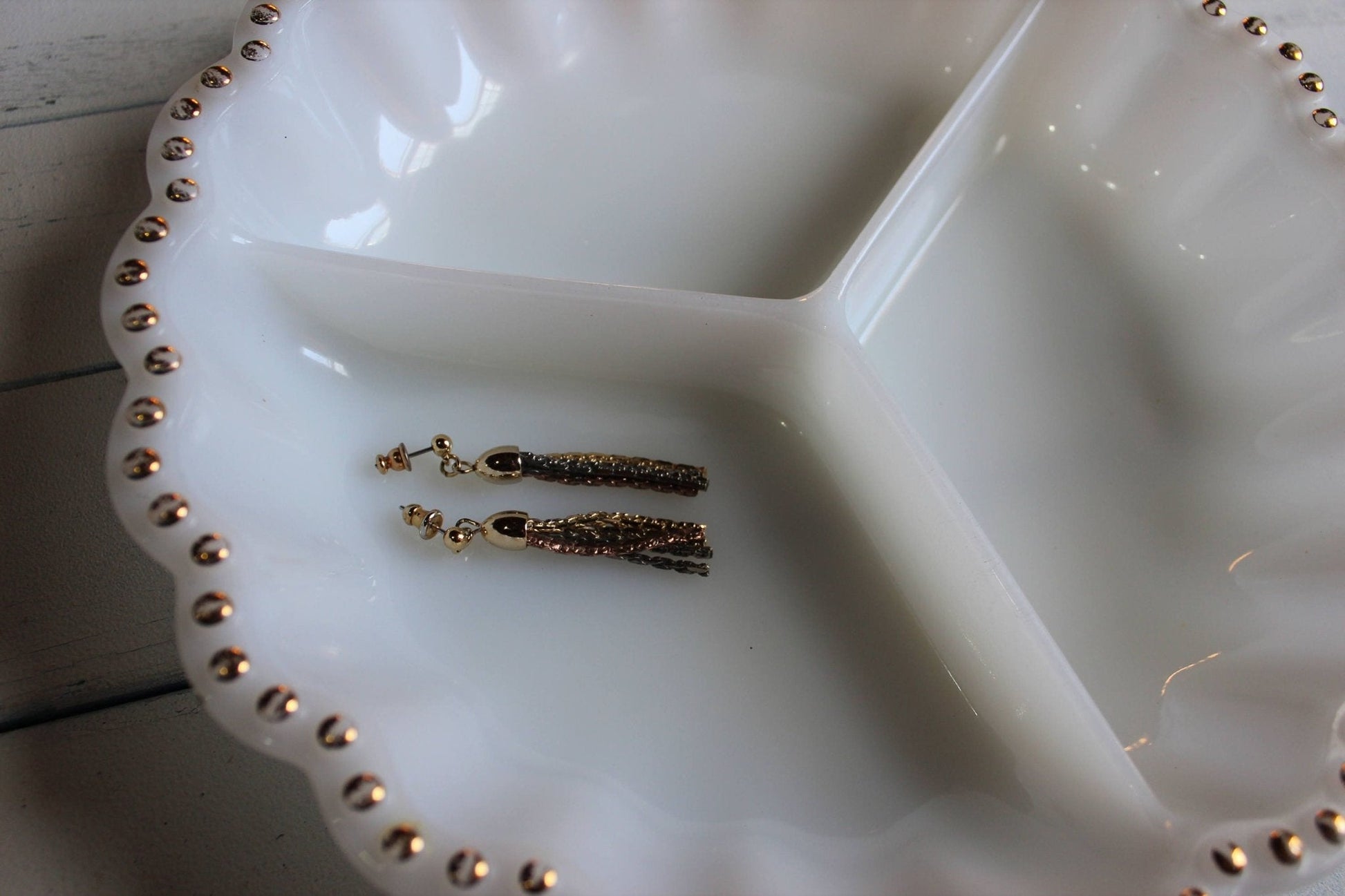 Milk Glass Divided Serving Dish — Three Compartments, Gold Dot Scalloped Edge, 10"W - Loom Vintage