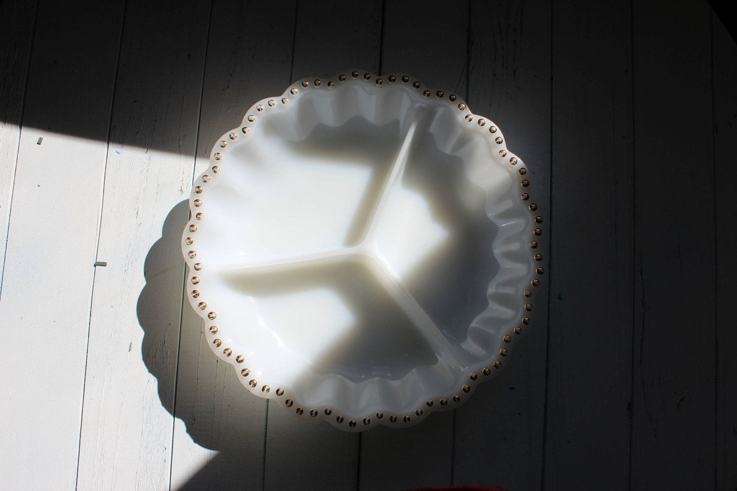 Milk Glass Divided Serving Dish — Three Compartments, Gold Dot Scalloped Edge, 10"W - Loom Vintage