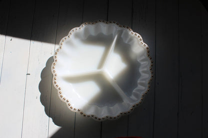 Milk Glass Divided Serving Dish — Three Compartments, Gold Dot Scalloped Edge, 10"W - Loom Vintage