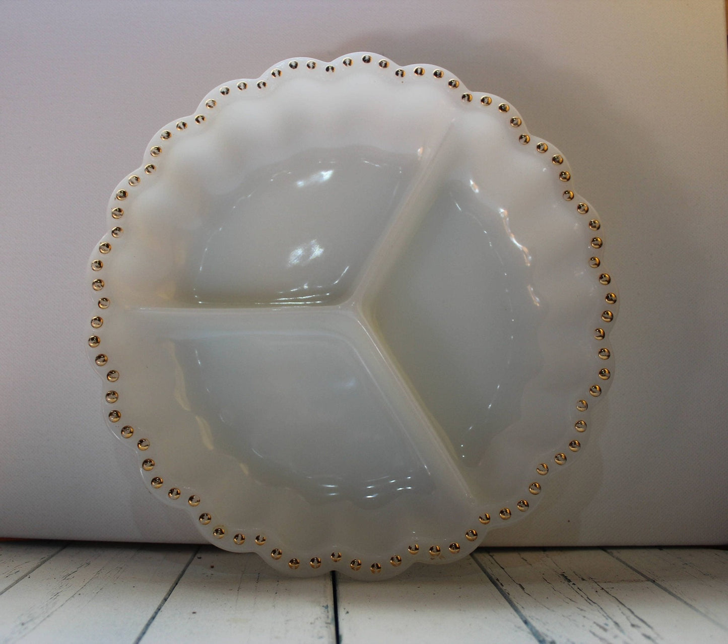 Milk Glass Divided Serving Dish — Three Compartments, Gold Dot Scalloped Edge, 10"W - Loom Vintage