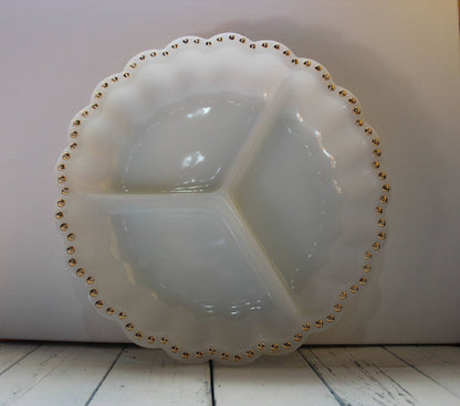 Milk Glass Divided Serving Dish — Three Compartments, Gold Dot Scalloped Edge, 10"W - Loom Vintage