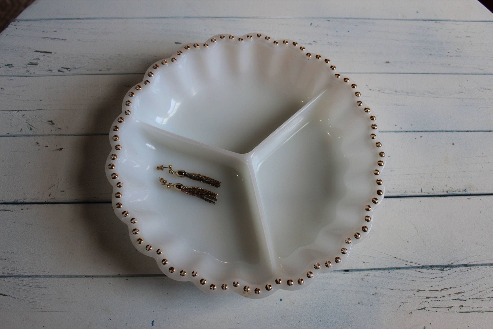 Milk Glass Divided Serving Dish — Three Compartments, Gold Dot Scalloped Edge, 10"W - Loom Vintage