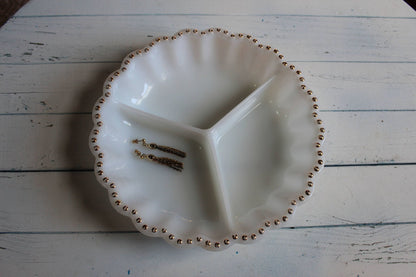 Milk Glass Divided Serving Dish — Three Compartments, Gold Dot Scalloped Edge, 10"W - Loom Vintage