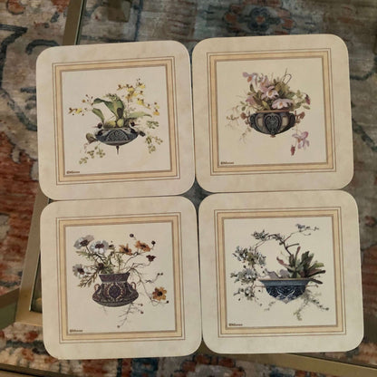 Minton Floral Vase Cork Coasters, Set of 4 — French Country Floral Print, 4"x4" - Loom Vintage
