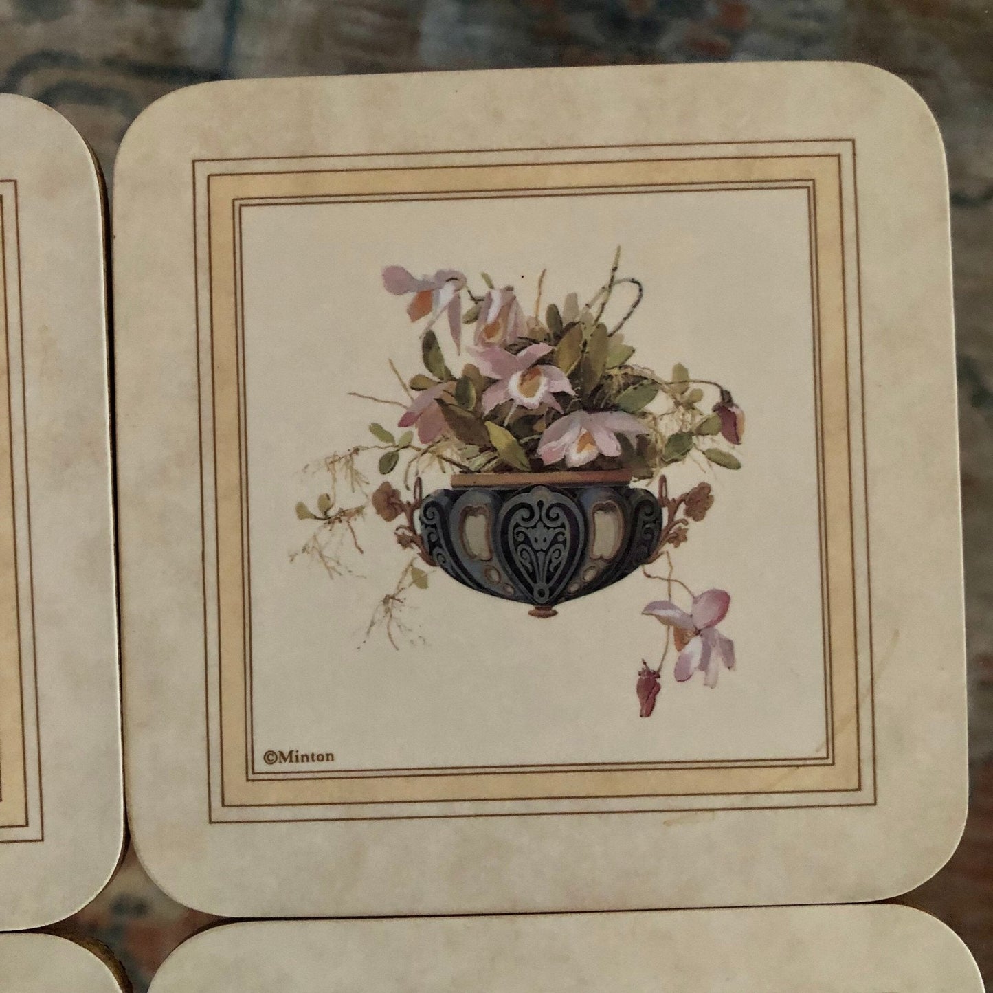 Minton Floral Vase Cork Coasters, Set of 4 — French Country Floral Print, 4"x4" - Loom Vintage