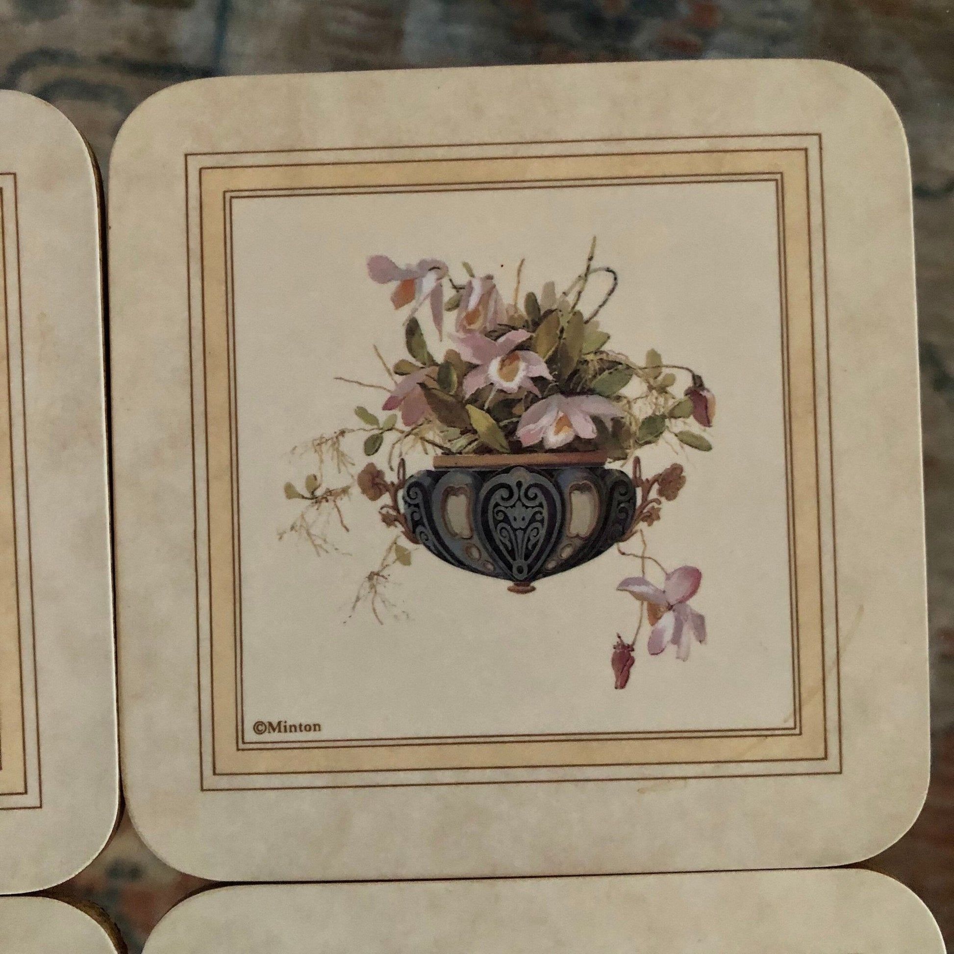 Minton Floral Vase Cork Coasters, Set of 4 — French Country Floral Print, 4"x4" - Loom Vintage