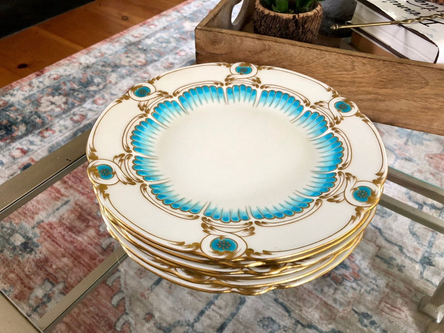 Mintons for Tiffany & Co. Hand - Painted Turquoise & Gilt Dinner Plates, c. 1902–1912 — Set of 6 - Loom Vintage