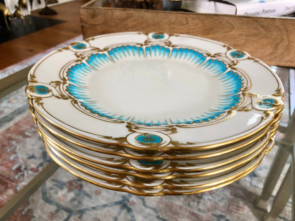Mintons for Tiffany & Co. Hand - Painted Turquoise & Gilt Dinner Plates, c. 1902–1912 — Set of 6 - Loom Vintage