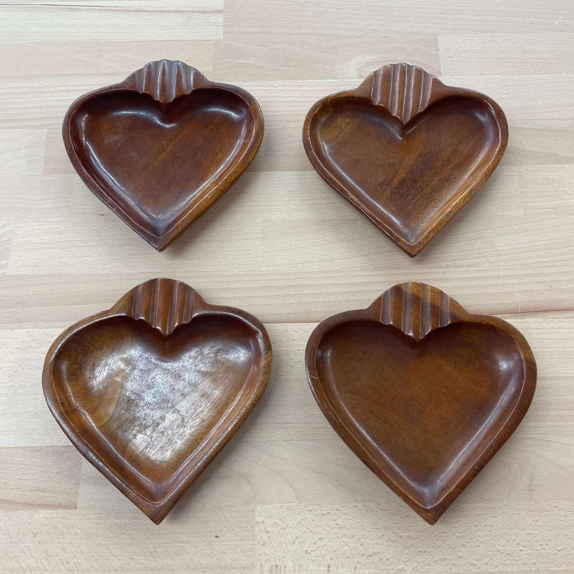Monkey Pod Wood Heart Tray Set, 5-Piece — Hand-Carved, 1970s Philippines - Loom Vintage