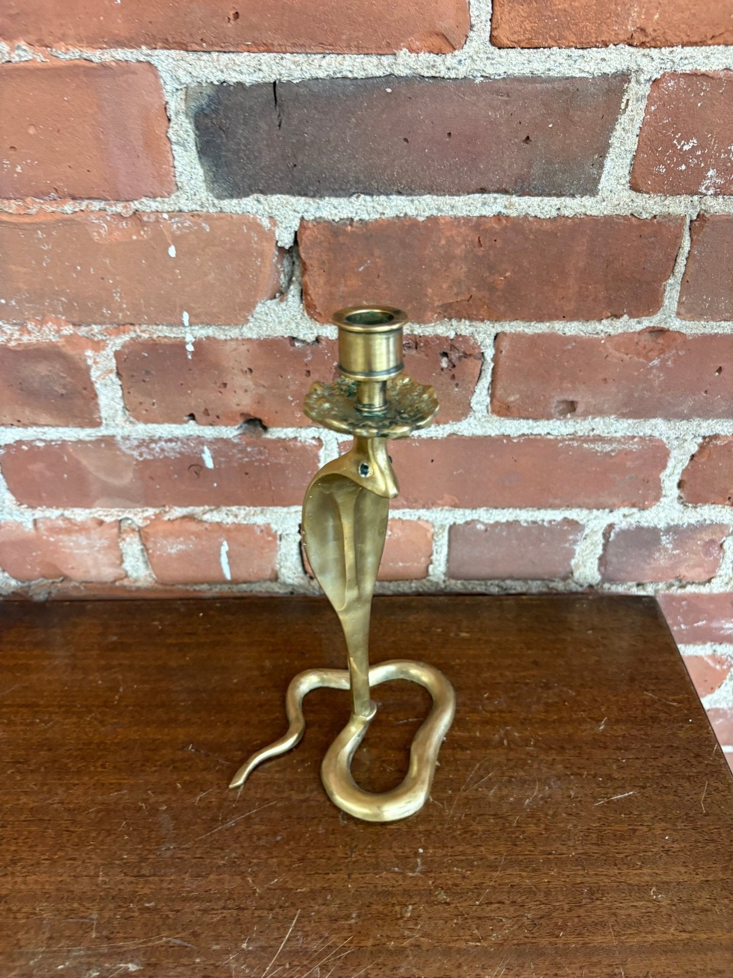 Moroccan Brass Cobra Candlestick with Emerald Glass Eyes — Handcrafted, c. 1970s–80s, 10" - Loom Vintage
