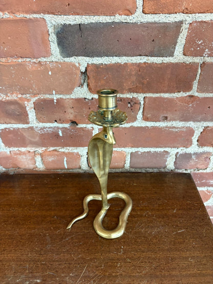 Moroccan Brass Cobra Candlestick with Emerald Glass Eyes — Handcrafted, c. 1970s–80s, 10" - Loom Vintage