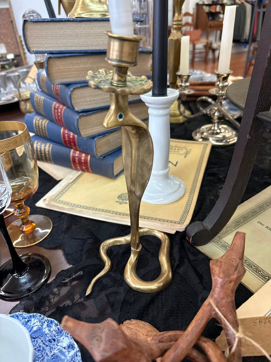 Moroccan Brass Cobra Candlestick with Emerald Glass Eyes — Handcrafted, c. 1970s–80s, 10" - Loom Vintage