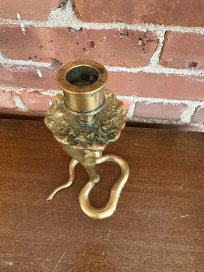 Moroccan Brass Cobra Candlestick with Emerald Glass Eyes — Handcrafted, c. 1970s–80s, 10" - Loom Vintage