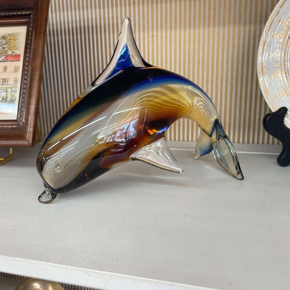 Murano style glass dolphin from the other side, cobalt back fading to amber