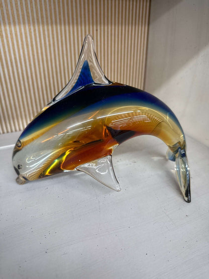 Murano style glass dolphin side view with clear pulled fins and tail