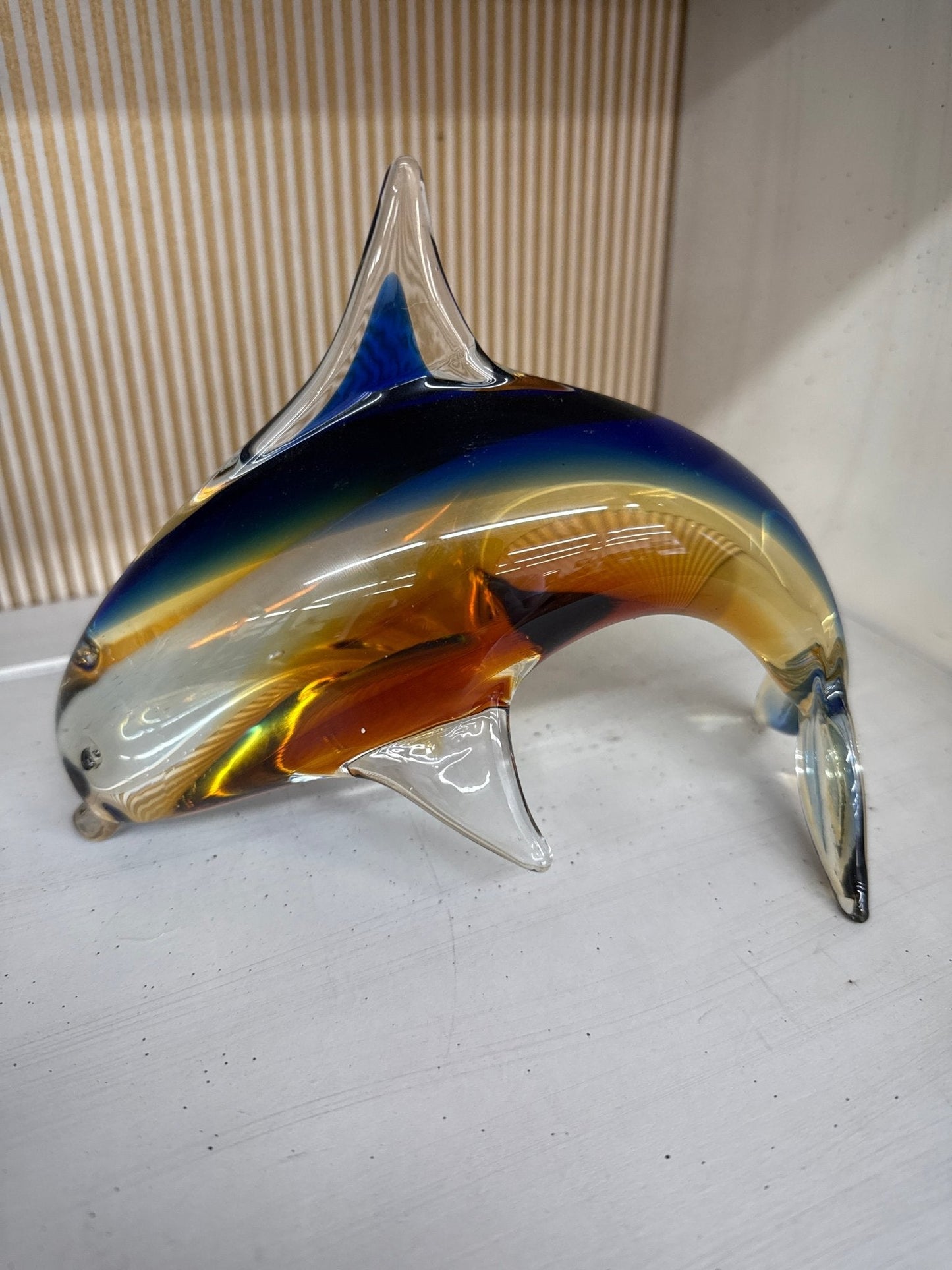 Murano Style Art Glass Dolphin Figurine in Amber and Blue, 7.25” - Loom Vintage
