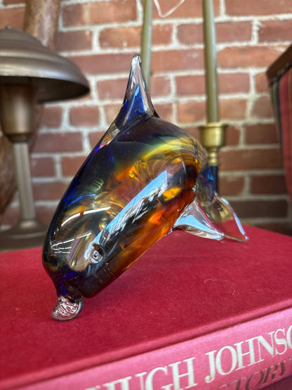 Murano Style Art Glass Dolphin Figurine in Amber and Blue, 7.25” - Loom Vintage