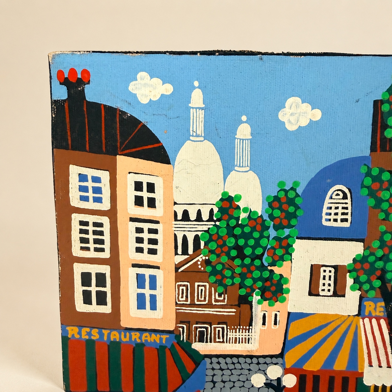 Detail of Sacré-Cœur domes and Montmartre buildings in folk painting