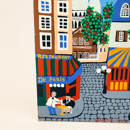 Detail of café with striped awning and figures in naïve Paris painting