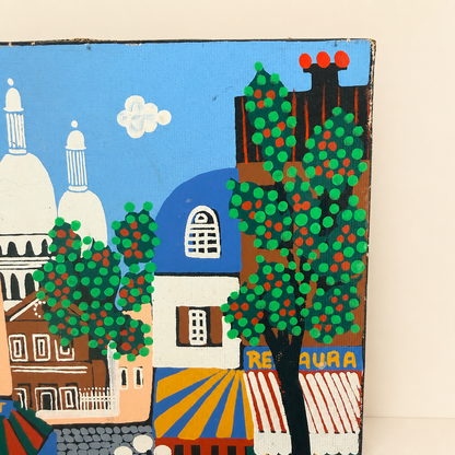 Detail of orange trees and chimney pots in naïve Paris street painting