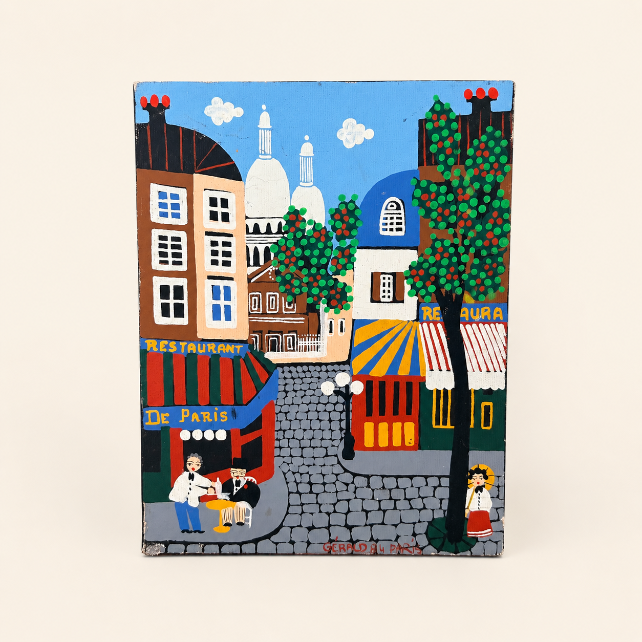 Naïve folk art painting of a Paris street scene with Sacré-Cœur, signed Gérald 1984, front view