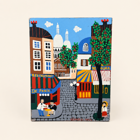 Naïve folk art painting of a Paris street scene with Sacré-Cœur, signed Gérald 1984, front view