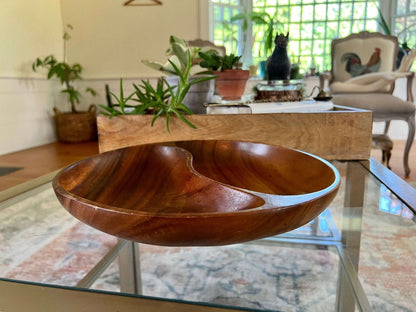 Round NANCO monkey pod serving tray divided into two curved halves, photo 4 of 9