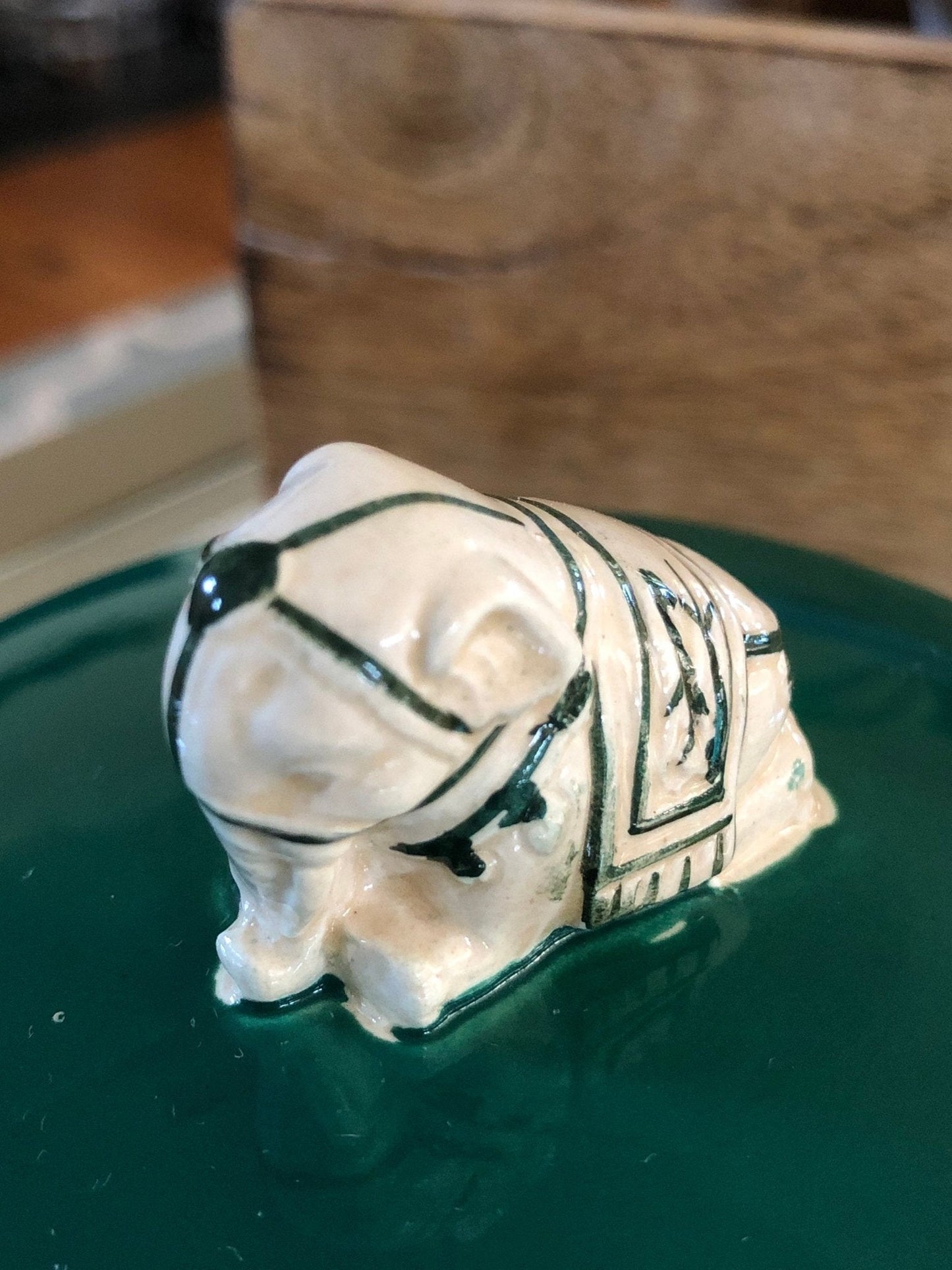 Nancy Lopez Ceramic Jewelry Box — Sculpted Elephant Lid, Hunter Green, Made in Japan, c. 1980s - Loom Vintage