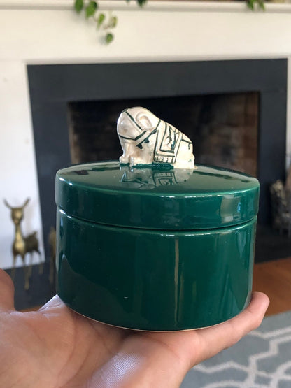 Nancy Lopez Ceramic Jewelry Box — Sculpted Elephant Lid, Hunter Green, Made in Japan, c. 1980s - Loom Vintage