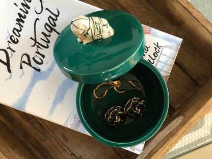 Nancy Lopez Ceramic Jewelry Box — Sculpted Elephant Lid, Hunter Green, Made in Japan, c. 1980s - Loom Vintage