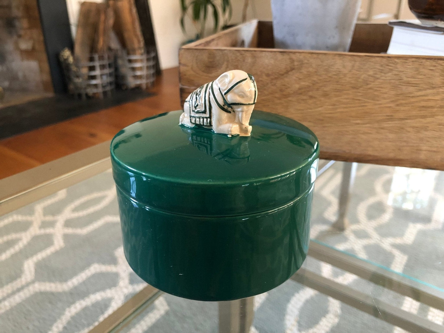 Nancy Lopez Ceramic Jewelry Box — Sculpted Elephant Lid, Hunter Green, Made in Japan, c. 1980s - Loom Vintage
