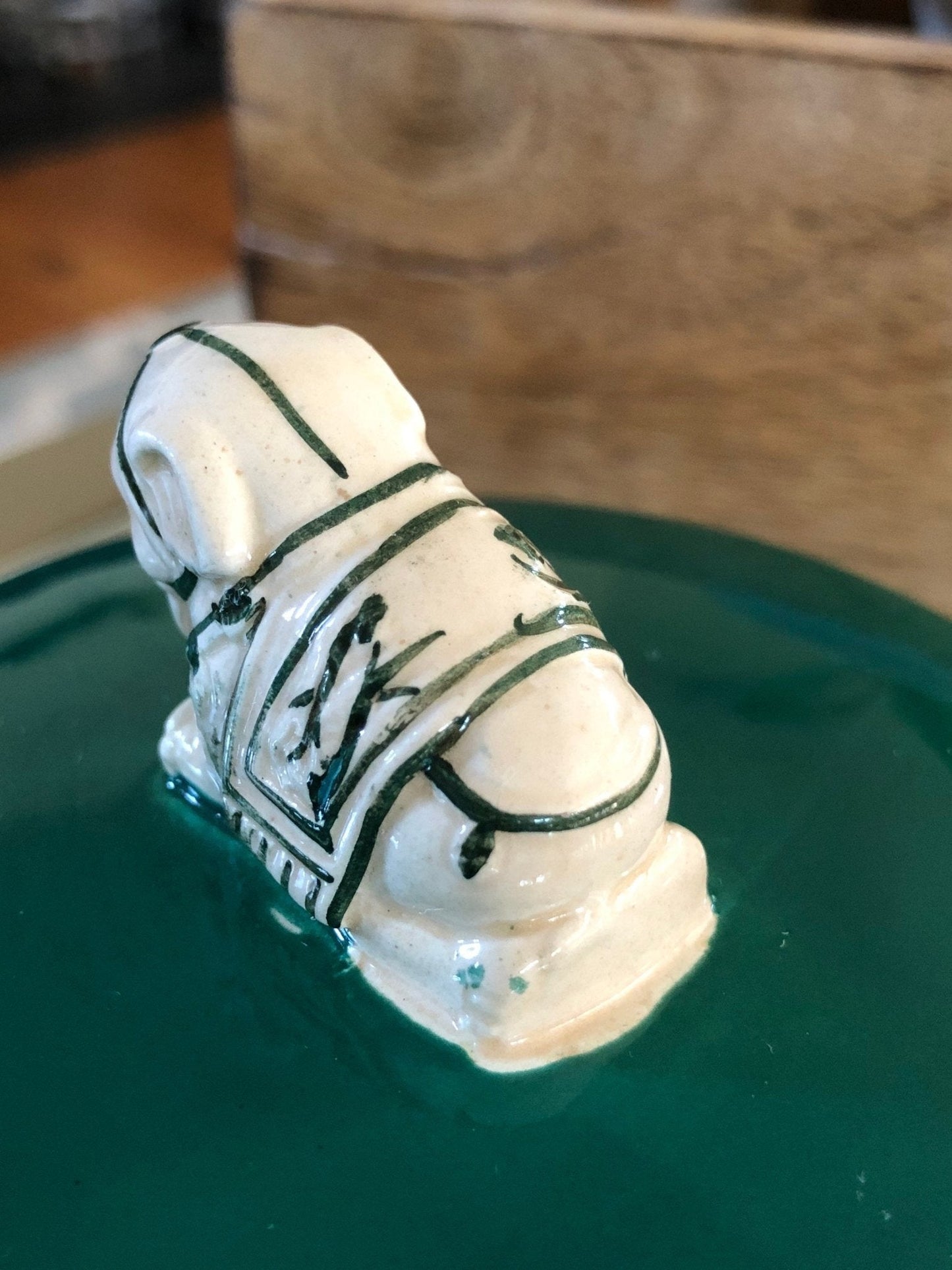 Nancy Lopez Ceramic Jewelry Box — Sculpted Elephant Lid, Hunter Green, Made in Japan, c. 1980s - Loom Vintage