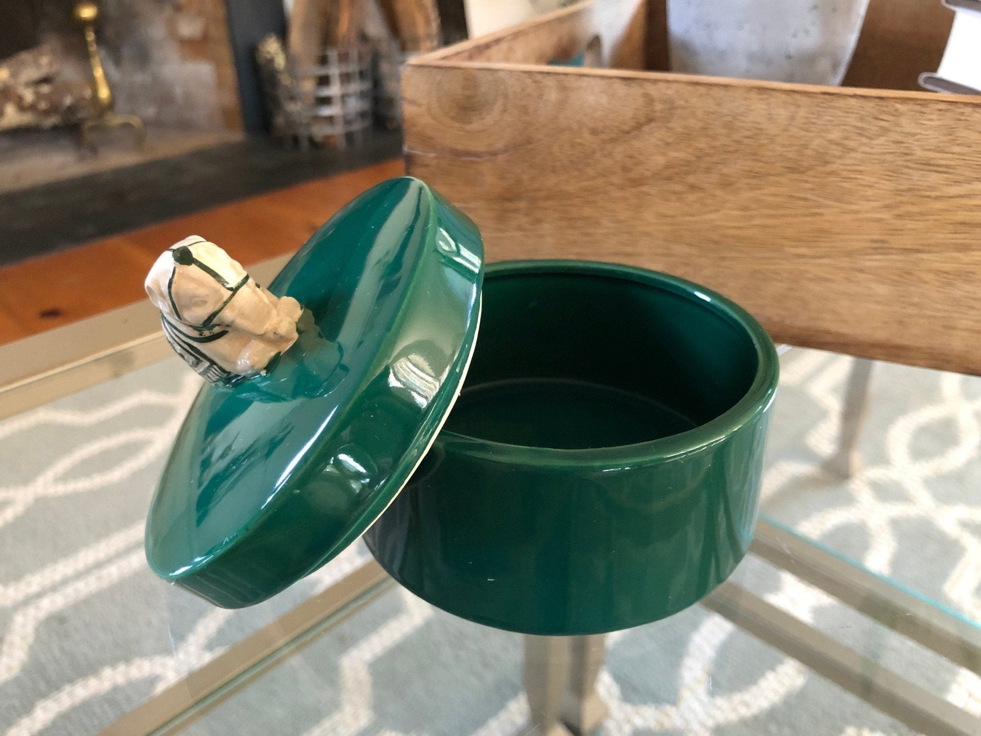 Nancy Lopez Ceramic Jewelry Box — Sculpted Elephant Lid, Hunter Green, Made in Japan, c. 1980s - Loom Vintage