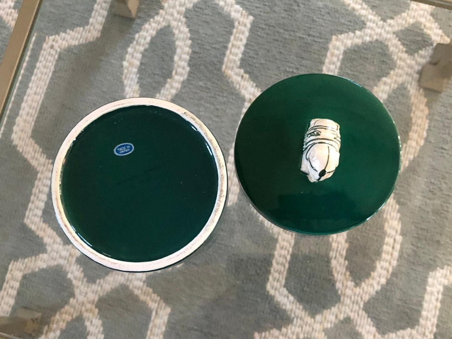 Nancy Lopez Ceramic Jewelry Box — Sculpted Elephant Lid, Hunter Green, Made in Japan, c. 1980s - Loom Vintage