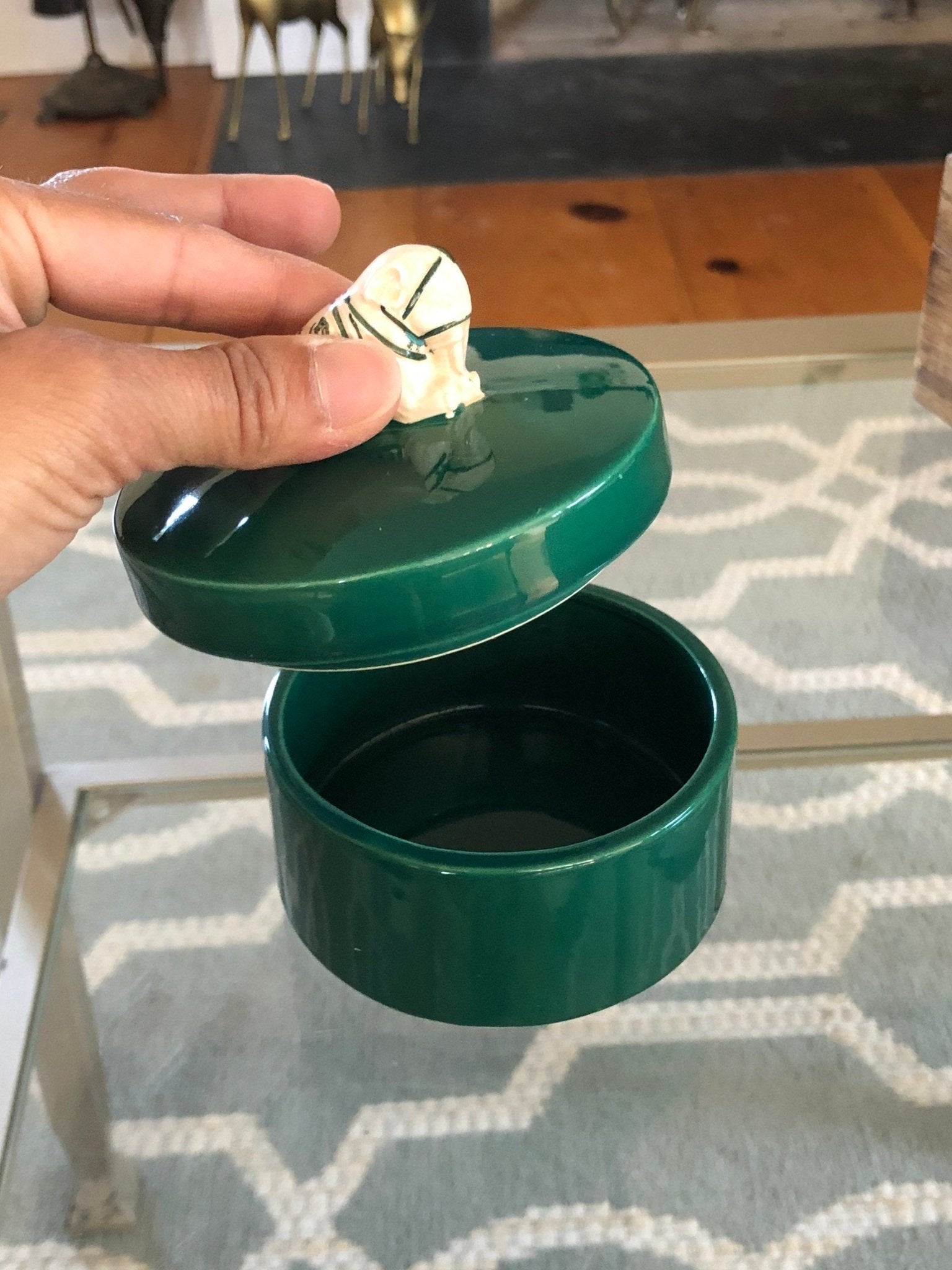 Nancy Lopez Ceramic Jewelry Box — Sculpted Elephant Lid, Hunter Green, Made in Japan, c. 1980s - Loom Vintage