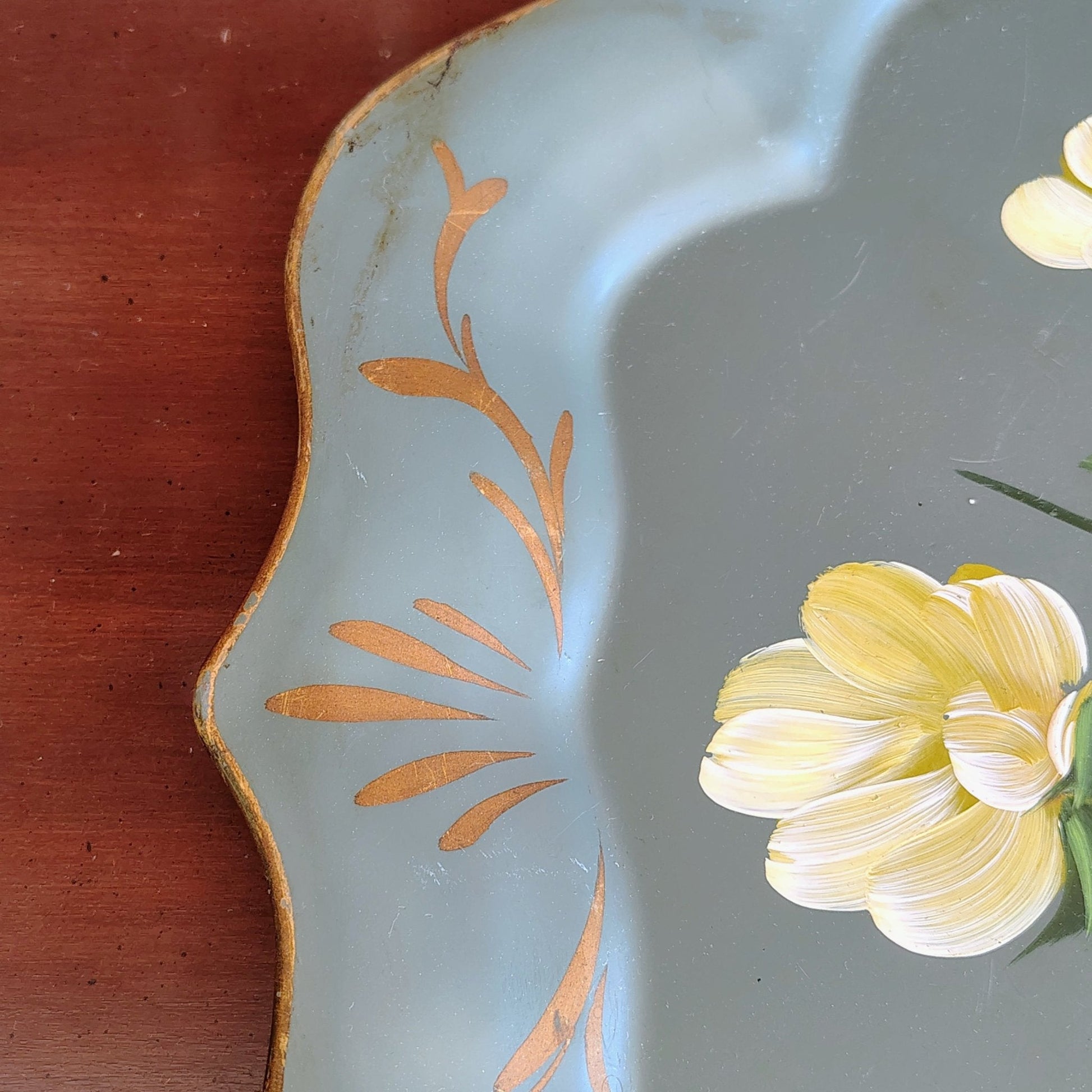 Nashco Products Hand-Painted Toleware Tray — Floral on Sage Green, Scalloped, 17"W x 13"H, c. 1950s - Loom Vintage
